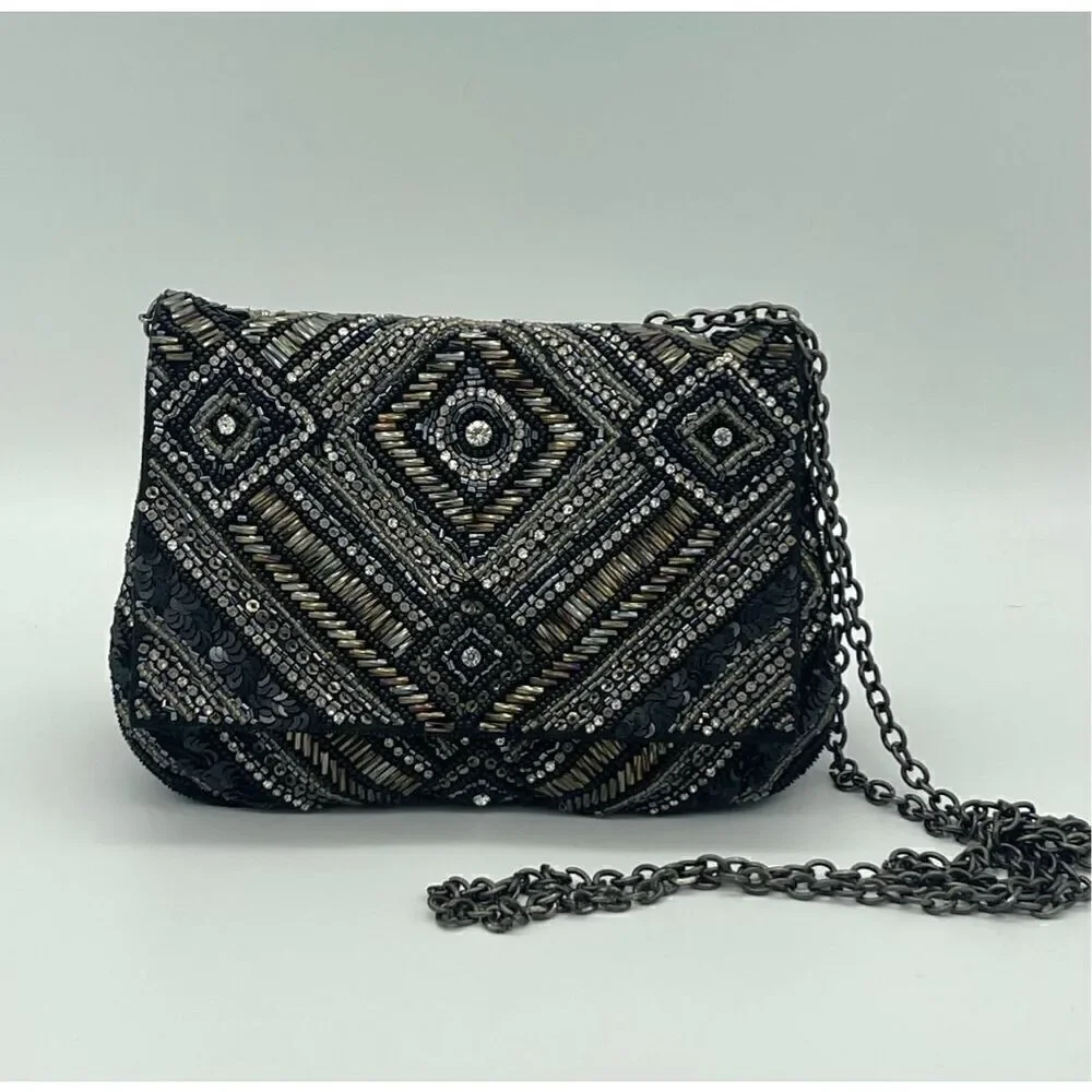 Deepa Gurnani Womens Allover Beaded Crossbody Clutch Rhinestone Eveningwear Glam